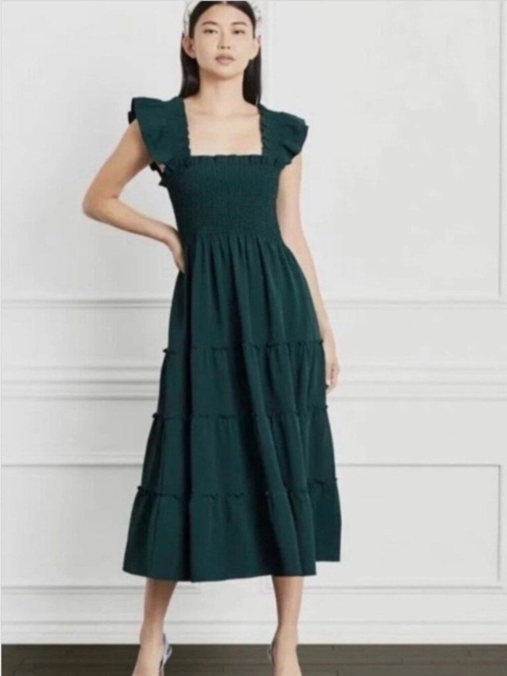 Hill House Ellie Nap Dress - Green Ruffle-Shoulder Tiered Maxi Dress